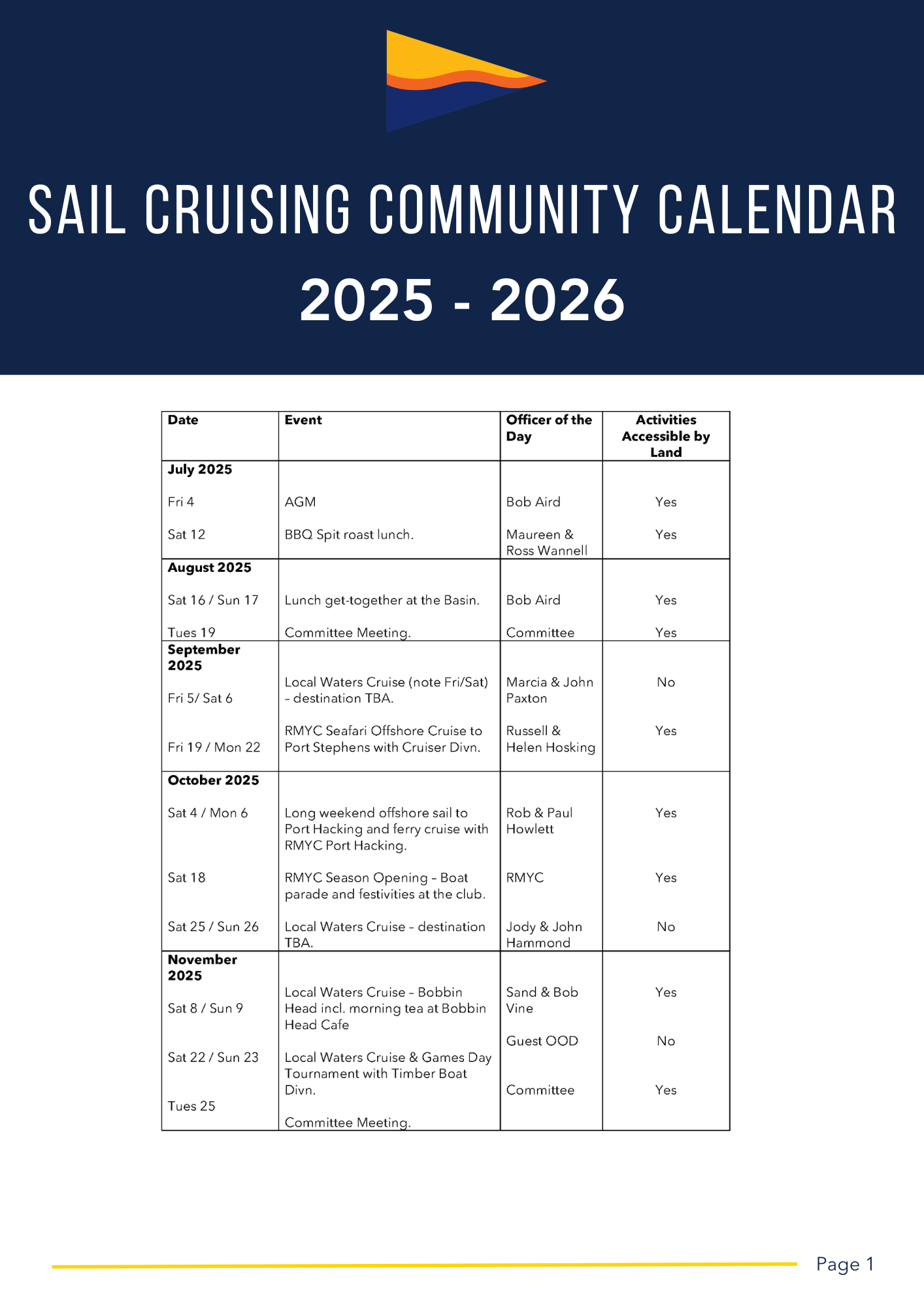 Sail Cruising Calendar of events