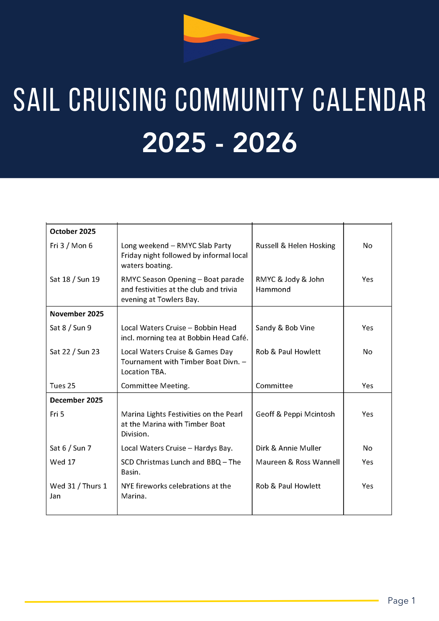 Sail Cruising Calendar of events