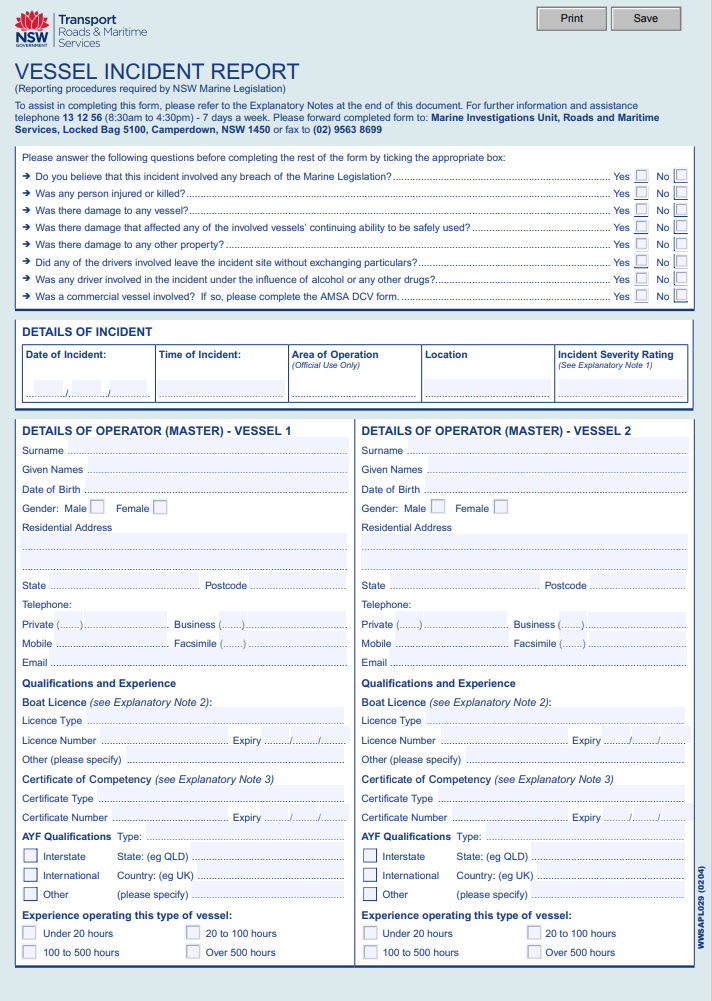 RMS Sailing Vessel Incident Report