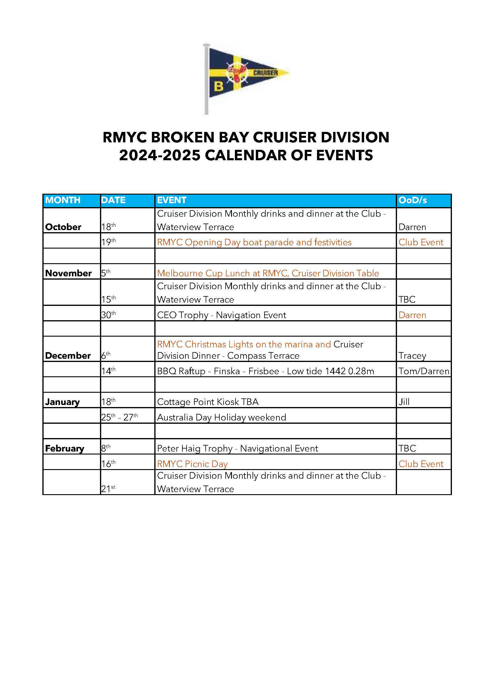 CRUISER DIVISION CALENDAR 2024/2025