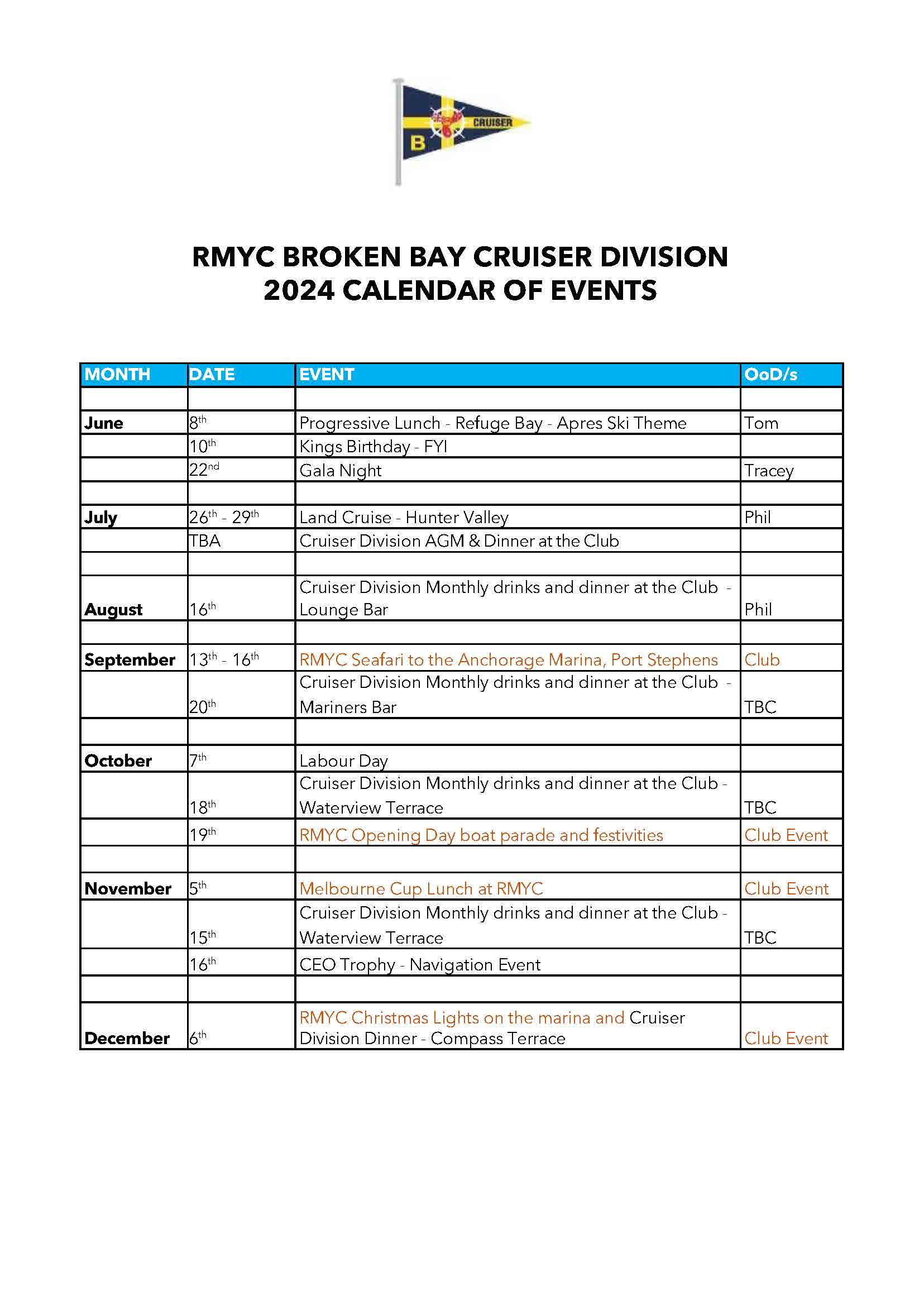 CRUISER DIVISION CALENDAR 2024