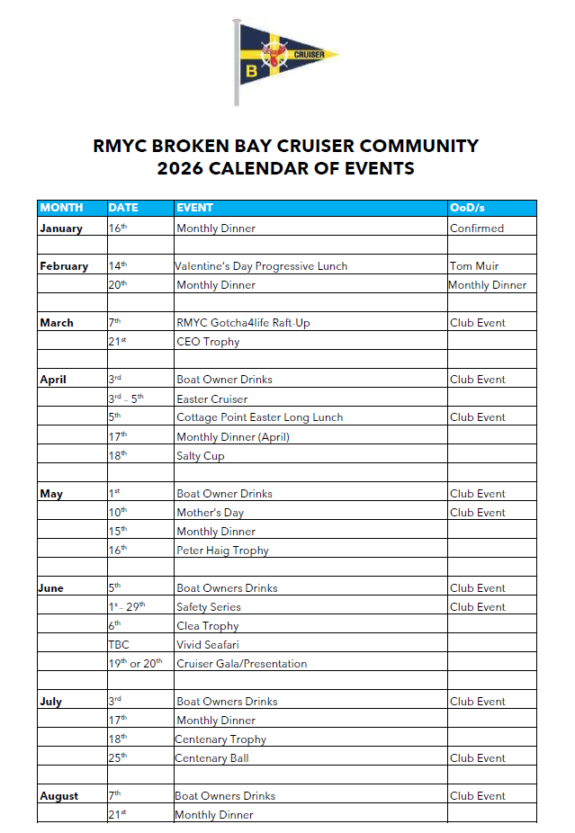 CRUISER COMMUNITY CALENDAR 2026