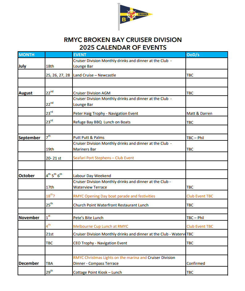 CRUISER DIVISION CALENDAR 2025