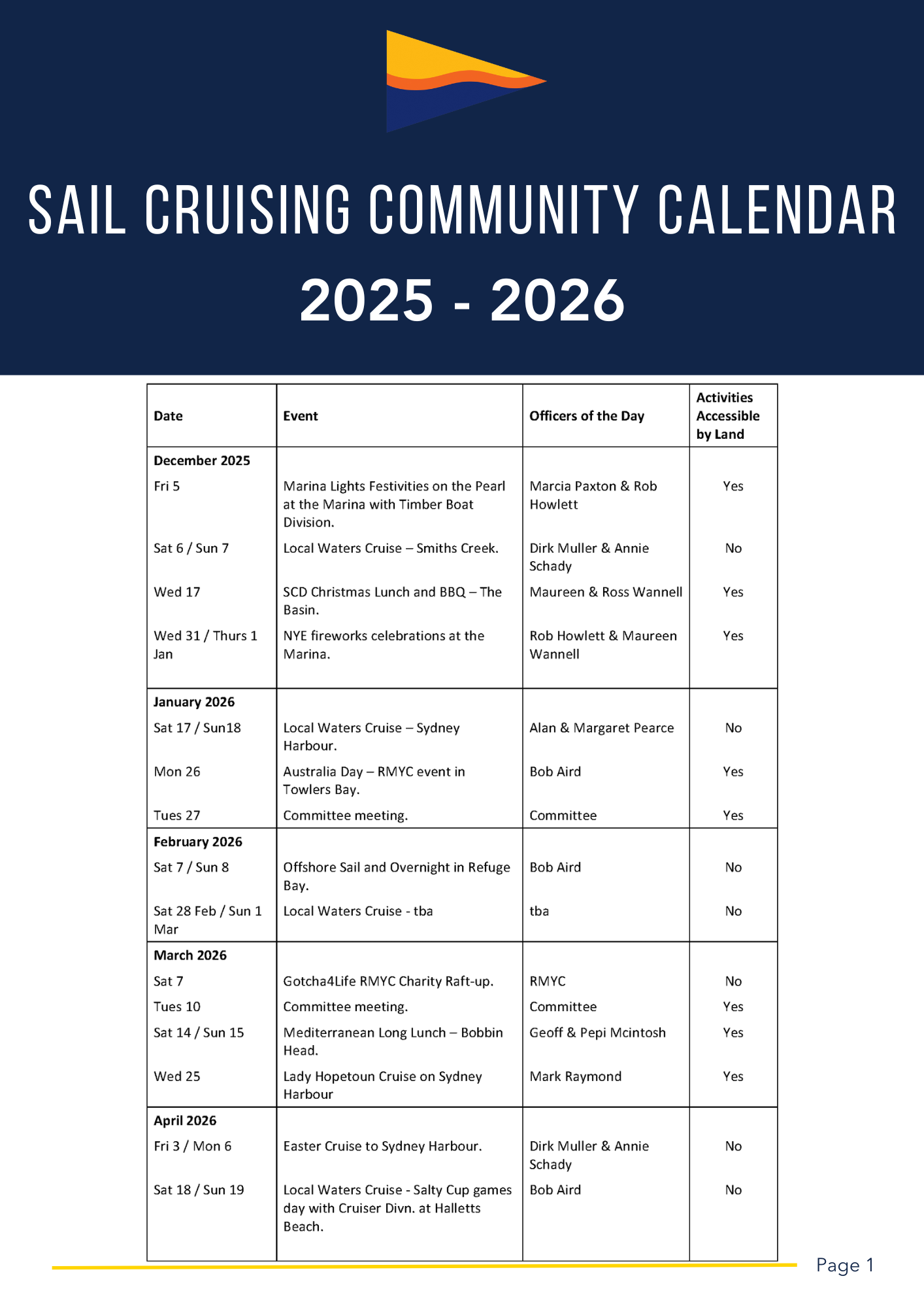 Sail Cruising Calendar of events