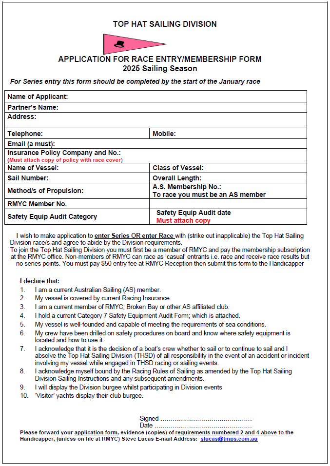 TOP HAT APPLICATION FOR RACE ENTRY/MEMBERSHIP FORM